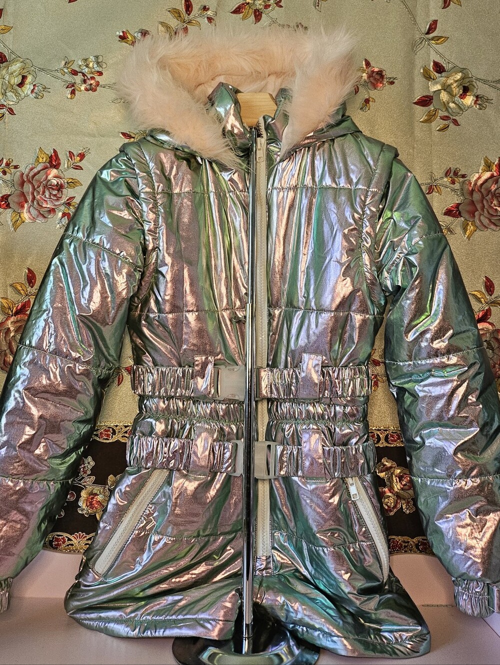 Club Exx Aurora Beam Iridescent Holographic Snowsuit with Faux Fur Hood - Picture 7 of 10
